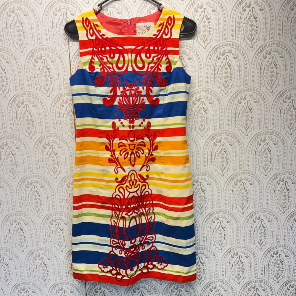 Tabitha Shift Dress Womens 2 Multicolor Rainbow Stripe Embroidered Cotton Mini